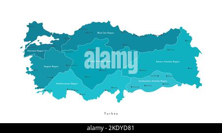 Vector isolated colorful illustration. Simplified administrative geographical map of Turkey. Names of Turkish cities and region. White background. Stock Vector