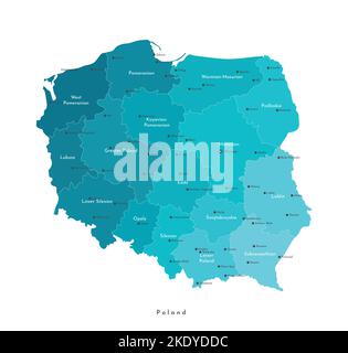 Vector isolated illustration. Simplified administrative map of Poland (in blue colors) . Names of Polish cities and provinces. White background Stock Vector