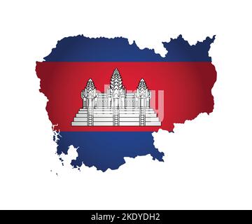 Vector isolated illustration. Official ensign on map of Cambodia. National flag in red, blue colors with white temple complex Angkor Wat Stock Vector