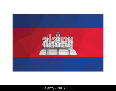 Vector illustration. Official ensign of Cambodia. National flag in red, blue colors with white temple complex Angkor Wat. Creative design in polygonal Stock Vector