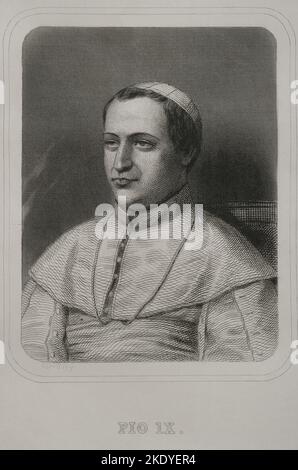 Pius IX (1792-1878). Italian pope (1846-1878), born Giovanni Maria Mastai Ferretti. Portrait. Engraving by Geoffroy. 'Historia Universal', by César Cantú. Volume VI. 1857. Stock Photo