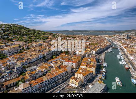 The drone aerial view of royal canal in Sète, Occitanie, France. Sète is a port and a seaside resort. It is on the Mediterranean. Stock Photo