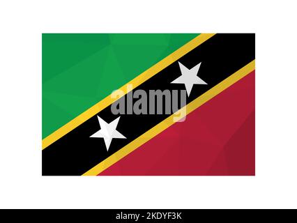 Vector illustration. Official ensign of Saint Kitts and Nevis. National flag with stars and green, red, black colors. Creative design in low poly styl Stock Vector