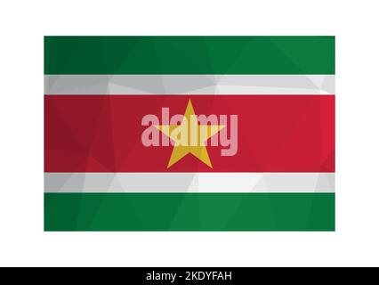 Vector illustration. Official symbol of Suriname. National flag with green, white, red stripes and yellow star. Creative design in low poly style with Stock Vector