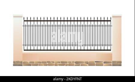Wrought iron fence with plastered brick pillars and stone foundation. Isolated on white background Vector. Stock Vector