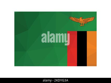 Vector illustration. Official ensign of Zambia. National flag with eagle and red, black, yellow stripes on green background. Creative design in low po Stock Vector