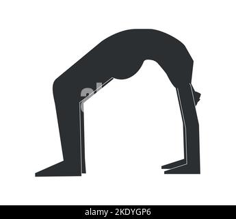 Vector illustration with black silhouette of female character. Sportive woman learns yoga posture Urdhva Dhanurasana. Fitness exercise - Wheel Pose or Stock Vector