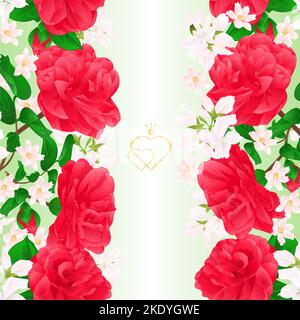 Floral border seamless vertical background with flowers Camellia Japonica  with buds vector Illustration for use in interior design, artwork, dishes, Stock Vector