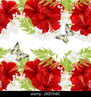 Floral horizontal border seamless background red hibiscus flowers  with jasmine and butterfly vintage  vector Illustration for use in interior design, Stock Vector
