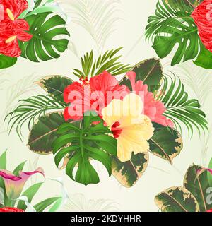 Seamless texture bouquet with tropical flowers floral arrangement, with beautiful lilies Cala and anthurium and hibiscus ,palm,philodendron and ficus Stock Vector