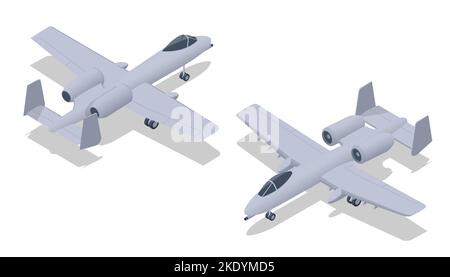 Isometric Close air support attack aircraft Fairchild Republic A-10 Thunderbolt II. Single-seat, twin-turbofan, straight-wing, subsonic attack Stock Vector