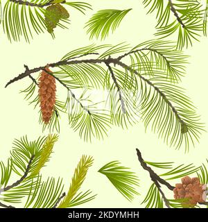 Seamless texture White Pine branch with pine cone and flowering black pine vintage  vector Illustration editable hand draw Stock Vector