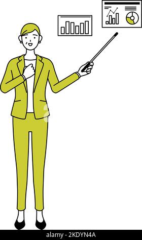 Simple line drawing illustration of a woman in a suit analyzing a performance graph,an image of digital transformation. Stock Vector