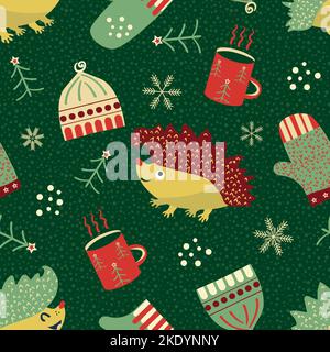 Cute hedgehog, hats, gloves seamless vector pattern backdground. Fun hedgehogs with warm winter clothes and drink backdrop. Animal cartoon character Stock Vector