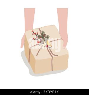Female hands holding present box or gift box package in craft paper with floral decor over white background. Isolated vector illustration Stock Vector