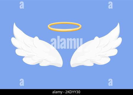 Angel wings white with halo, nimbus in cartoon style isolated on blue background, design element for decoration. Vector illustration Stock Vector