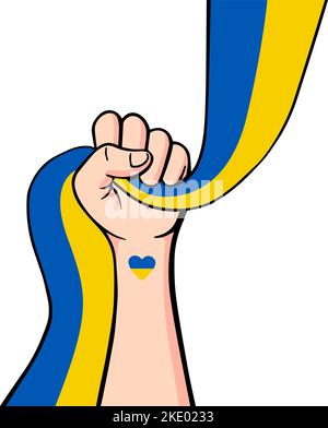 Save Ukraine demonstration, Stop War peaceful protest poster. Human arm fist with Ukrainian flag. Background vector illustration with copy space of raising hand. Stock Vector