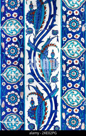 Ancient Turkish Handmade Tiles with blue flower patterns. Stock Photo