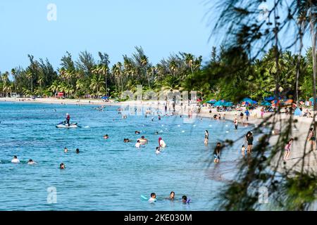 A beautiful beach with swimming people and tropical trees on the sandy shore in Lanham, United States Stock Photo