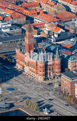 An aerial view of the neogothic style town hall building in Helsingborg, Sweden Stock Photo