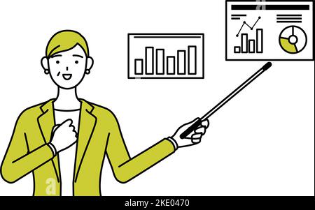 Simple line drawing illustration of a woman in a suit analyzing a performance graph,an image of digital transformation. Stock Vector