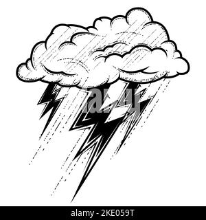 Heavy shower during a thunderstorm, thunderstorm cloud and lightning, bad weather, vector Stock Vector