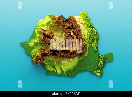 A top view of a 3D rendering of Romania map shaded relief color height map on white background Stock Photo