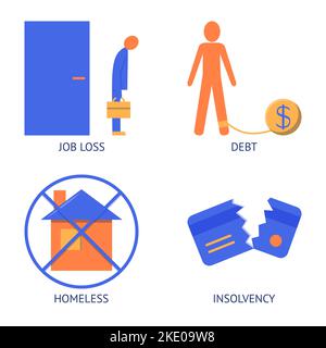 Economic and financial crisis icon set in flat style. Bank debt, losing job and home, insolvency symbols. Vector illustration. Stock Vector