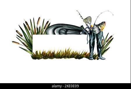 Frame with Fishing tackle, hooks and lures. Watercolor illustration on  white background. For business design, packaging of fishing tackle,  postcards Stock Photo - Alamy