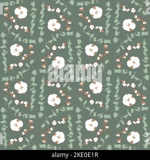 Boho seamless pattern with eucalyptus and cotton Stock Vector