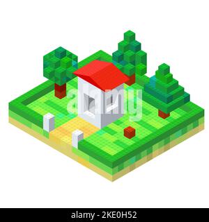 The idea of a private house with a yard in isometric style assembled from multi-colored cubes for print and design. Vector illustration. Stock Vector