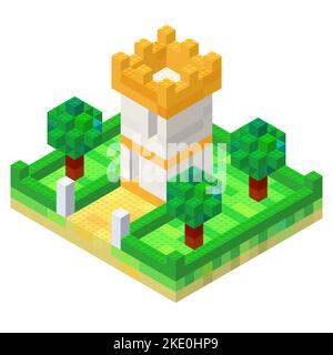 The concept of a tower with a courtyard of multi-colored cubes in isometric style for printing and decoration. Vector illustration. Stock Vector