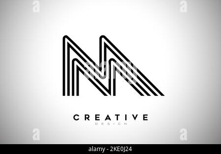 Lines Letter M Logo with Black Lines and Monogram Creative Style Design Vector. Minimalist M Letter Icon Design made of Lines Stock Vector