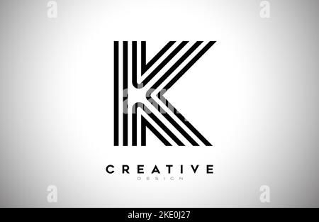 Lines Letter K Logo with Black Lines and Monogram Creative Style Design Vector. Minimalist K Letter Icon Design made of Lines Stock Vector