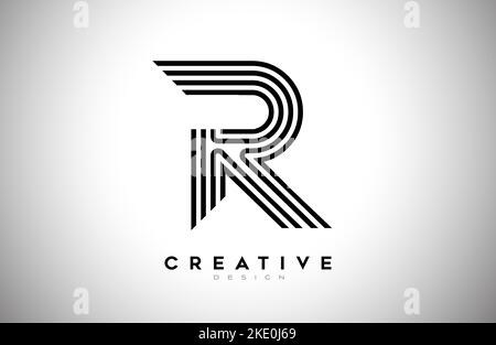 Lines Letter R Logo with Black Lines and Monogram Creative Style Design Vector. Minimalist R Letter Icon Design made of Lines Stock Vector