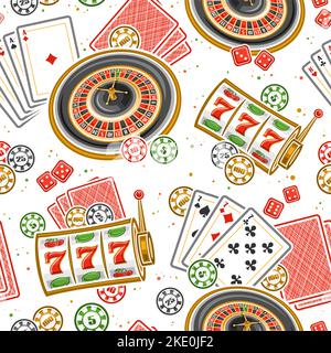 Vector seamless pattern for Casino, square repeating background with illustration of european roulette wheel, colorful casino coins, red gambling cube Stock Vector