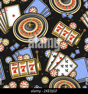 Vector seamless pattern for Casino, square repeating background with illustration of european roulette wheel, colorful casino coins, blue gambling cub Stock Vector