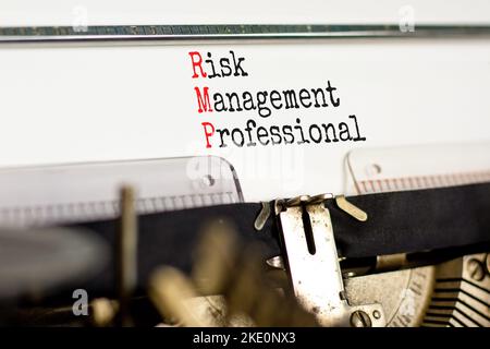 RMP risk management professional symbol. Concept words RMP risk management professional typed on old retro typewriter. White background. Business RMP Stock Photo