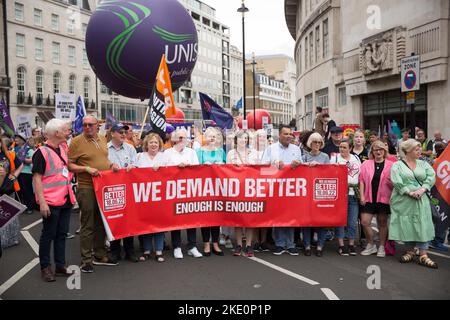 Participants gather and march during ‘We demand better’ demonstration called by the TUC amid the rising cost of living in London. Stock Photo