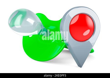 Baby pacifier with map pointer. 3D rendering isolated on white ...