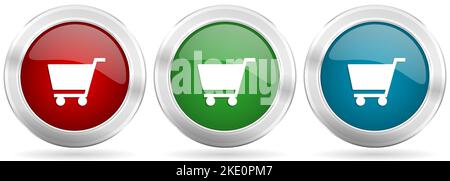 Cart vector icon set. Red, blue and green silver metallic web buttons with chrome border Stock Vector