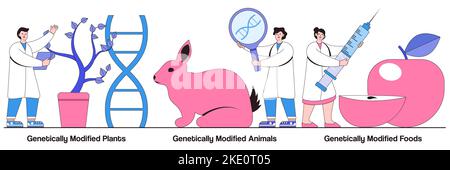 Genetically modified plants, animals, and foods concept with people characters. DNA engineering industry illustration pack. GMO farming, transgenic cr Stock Vector