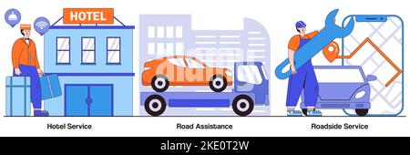 Hotel service, roadside assistance, and service concept with people characters. Roadside business abstract illustration pack. Drive inn, car repair, 2 Stock Vector