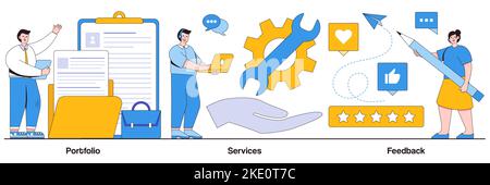Portfolio, services, feedback concept with people characters. Corporate website menu bars abstract illustration pack. Website design, site navigation, Stock Vector