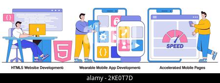 HTML5 website development, wearable mobile app, accelerated mobile pages concept with people characters. Software and frontend development vector illu Stock Vector