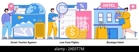 Smart tourism system, low cost flights, boutique hotel concept with people characters. Travel experience vector illustration pack. Online trip navigat Stock Vector