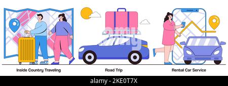Inside country travel, road trip, rental car service concept with people characters. Active holiday abstract vector illustration pack. Low-cost journe Stock Vector