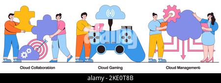 Cloud collaboration, gaming and management concept with people characters. Cloud service abstract vector illustration pack. Data storage, video and fi Stock Vector