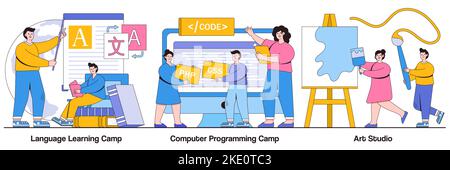 Language learning and computer programming camp, art studio concept with people characters. Gain knowledge and skills vector illustration pack. Learn Stock Vector