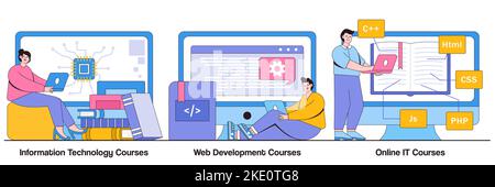 Information technology courses, web development courses, online IT courses concept with people characters. Computer science, internet education, remot Stock Vector